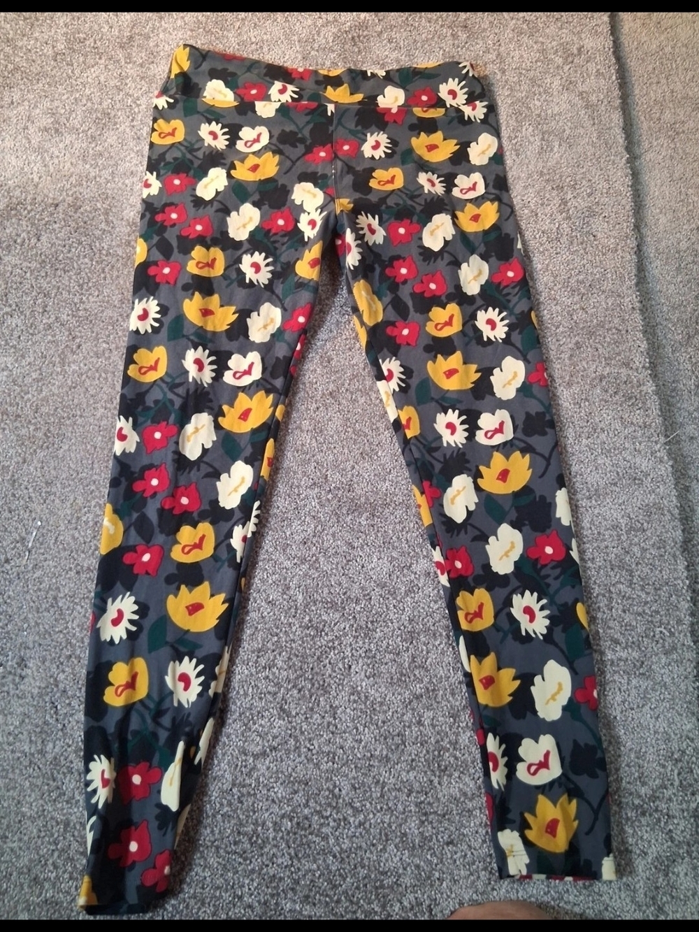 LuLaRoe Floral Leggings - Yellow, Red & Cream on Gray